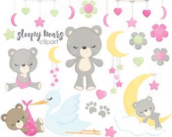 BUY5GET5 Sleepy Bears clipart, Teddy Bear clip art, baby shower clip art, stork clipart, moon and stars, vector images,