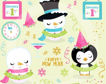 BUY5GET5 New Year's Eve clipart, snowman clipart, penguin clipart, New Year clip art, digital illustrations, vectors,