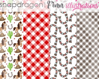 Cowboy Digital Papers, Western Digital Papers, Pony Digital Papers, Horseshoe Digital Papers, Red Gingham - Commercial License Included