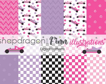 BUY5GET5 Pink Purple Racing Digital Papers, Race Car Digital Papers, Checkered Digital Papers, Chevron Digital Papers -