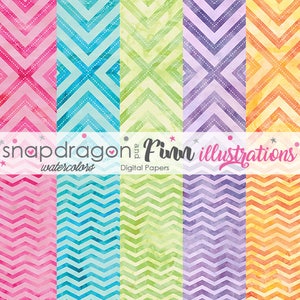 BUY5GET5 Bright Watercolor Digital Papers, Watercolor Chevron Papers, Watercolor Geometric Papers -  Commercial License Included