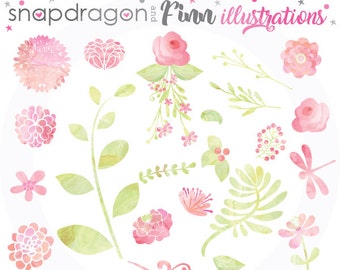 BUY5GET5 Pink Watercolor Flowers Clipart, Pink Watercolour Flowers Clip Art , Watercolor Dragonfly, Spring Clipart