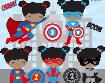 BUY5GET5 Superhero girls clipart, African American superhero girl clipart, girl Superhero, superhero kids, Superhero party