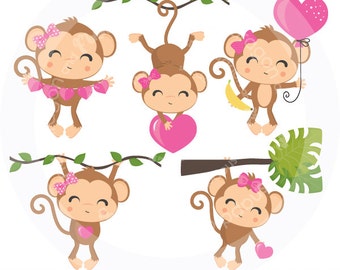 BUY5GET5 Valentine Monkey Girl Clipart, Valentine clipart, Valentine Clip Art, Girl Monkey clip art, monkey with bow,