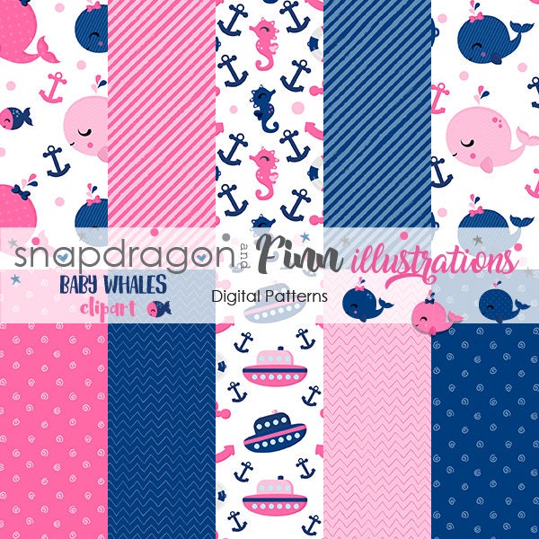 BUY5GET5 Pink Baby Whale Digital Papers, Pink Nautical Digital Papers, Pink & Blue Nautical Patterns, Digital Pattern -