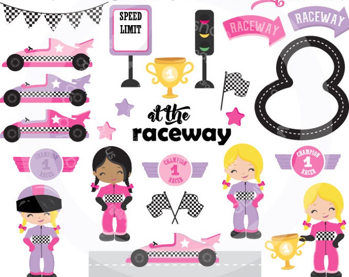 BUY5GET5 Girl Racing Clipart, Pink Purple Race Car Clipart, Race Car