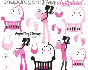 BUY5GET5 Pink Pregnancy clipart, Baby clipart, Expecting Mom clipart, Crib clipart, Baby Feet, Baby Shower, Silhouette,