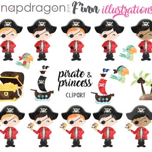 BUY5GET5 Princess and Pirate clipart, Pirate and Princess clip art, watercolor princess, watercolor pirate graphic image 2