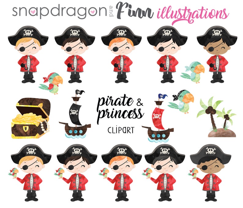 BUY5GET5 Princess and Pirate clipart, Pirate and Princess clip art, watercolor princess, watercolor pirate graphic image 2