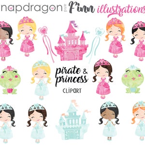 BUY5GET5 Princess and Pirate clipart, Pirate and Princess clip art, watercolor princess, watercolor pirate graphic image 3