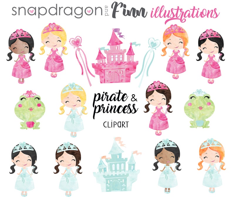 BUY5GET5 Princess and Pirate clipart, Pirate and Princess clip art, watercolor princess, watercolor pirate graphic image 3