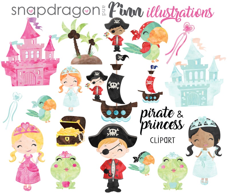 BUY5GET5 Princess and Pirate clipart, Pirate and Princess clip art, watercolor princess, watercolor pirate graphic image 1