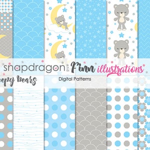 Op de afbeelding: Een verzameling digitale patronen met een babymotief. De patronen bevatten stippen, golvende lijnen en geschulpte ontwerpen in blauw, grijs en wit. Sommige patronen tonen slaperige beren, manen en sterren. De tekst "sleepy bears" en "Digital Patterns" is zichtbaar.