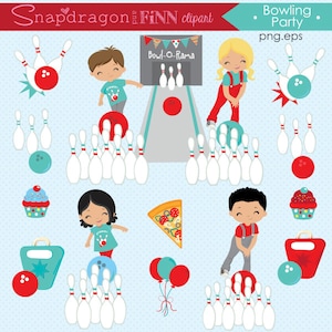 BUY5GET5 Bowling Party Clipart, Bowling Clipart, Bowling Kinder Clipart, Bowling Papiere, Bowling Pins, Rot & Blau,