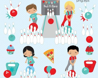 BUY5GET5 Bowling Party clipart, Bowling clipart, Bowling kids clip art, Bowling Papers, Bowling Pins, Red & Blue,