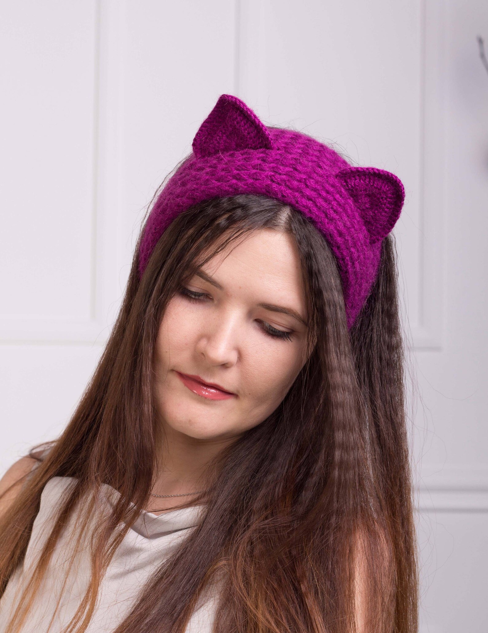 Knit cat ear headband Mohair angora purple womens ear warmer | Etsy