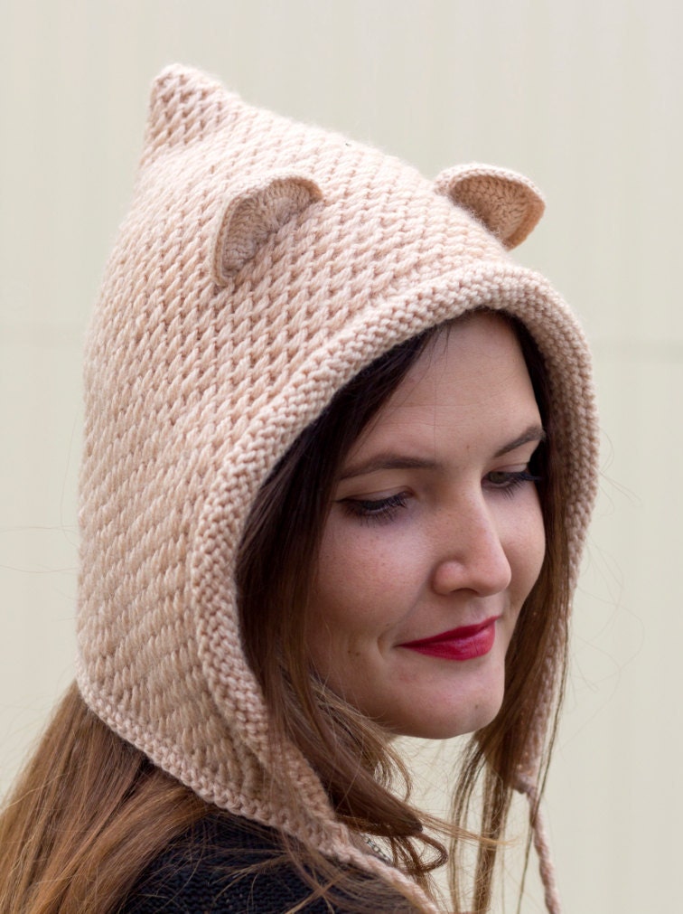 Hood hat Knit cat ear hood Beige woman hoodie Adult pompom Etsy
