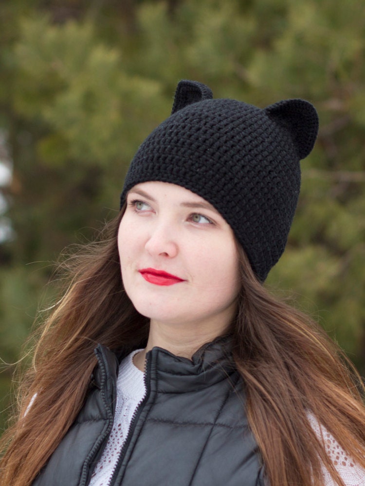 Cat ear beanie Black cat ear hat Knit hat woman Realistic cat Etsy