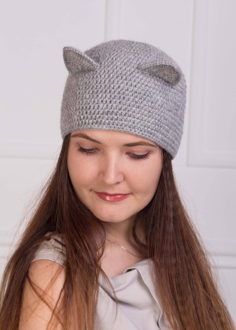 Knit women cat ear hat Adult animal crochet beanie Grey cat Etsy