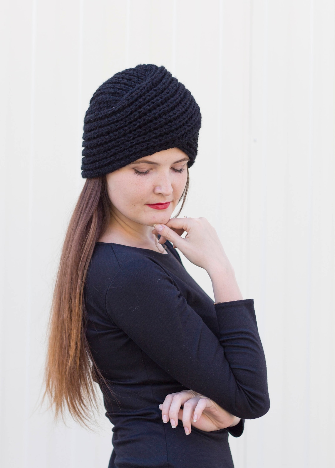 Knitted turban hat Black chunky turban Winter womens hat Retro Etsy