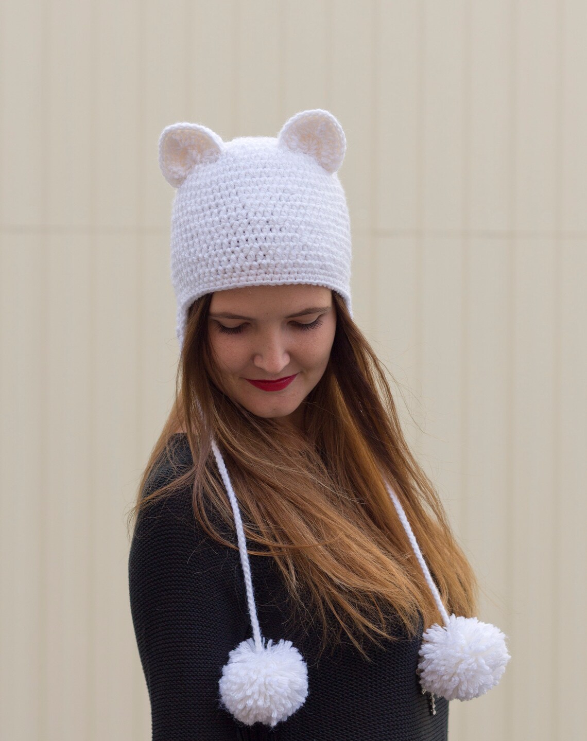 Cat ear beanie Knit white pompom hat Adult animal beanie Funny Etsy