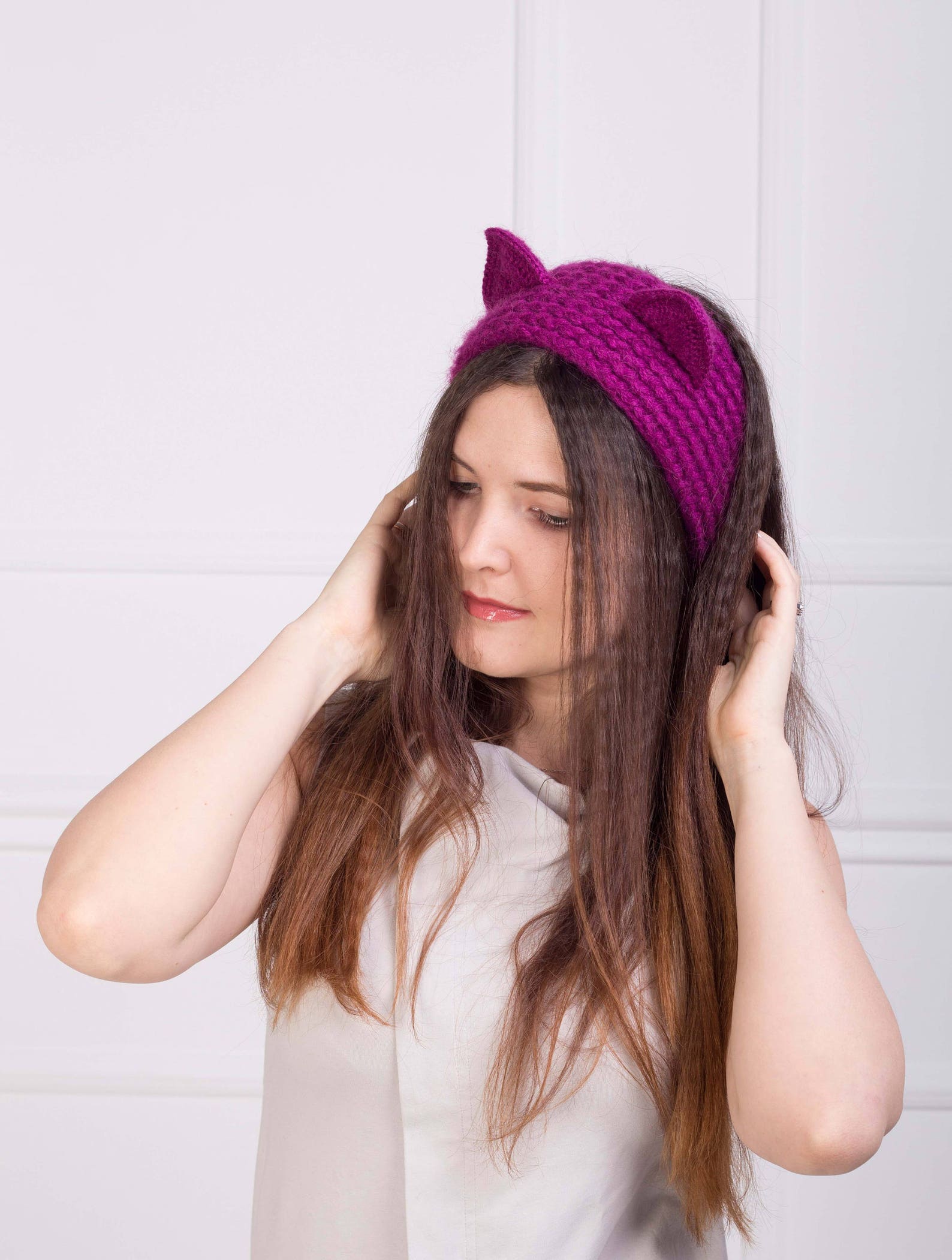 Knit cat ear headband Mohair angora purple womens ear warmer | Etsy