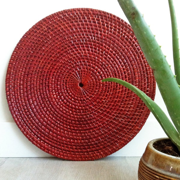 ONE LARGE Handmade Coil Rattan Red Placemat, Trivets, Vintage Placemats, Rattan Trivets, Rattan, Coil Woven Placemats, Rattan, Placemats