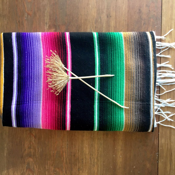 Vintage Mexican Serape Blanket 80" x 45"/Large Multi Coloured Baja Boho Beach Blanket w Diamond Center/Authentic Saltillo made in Mexico