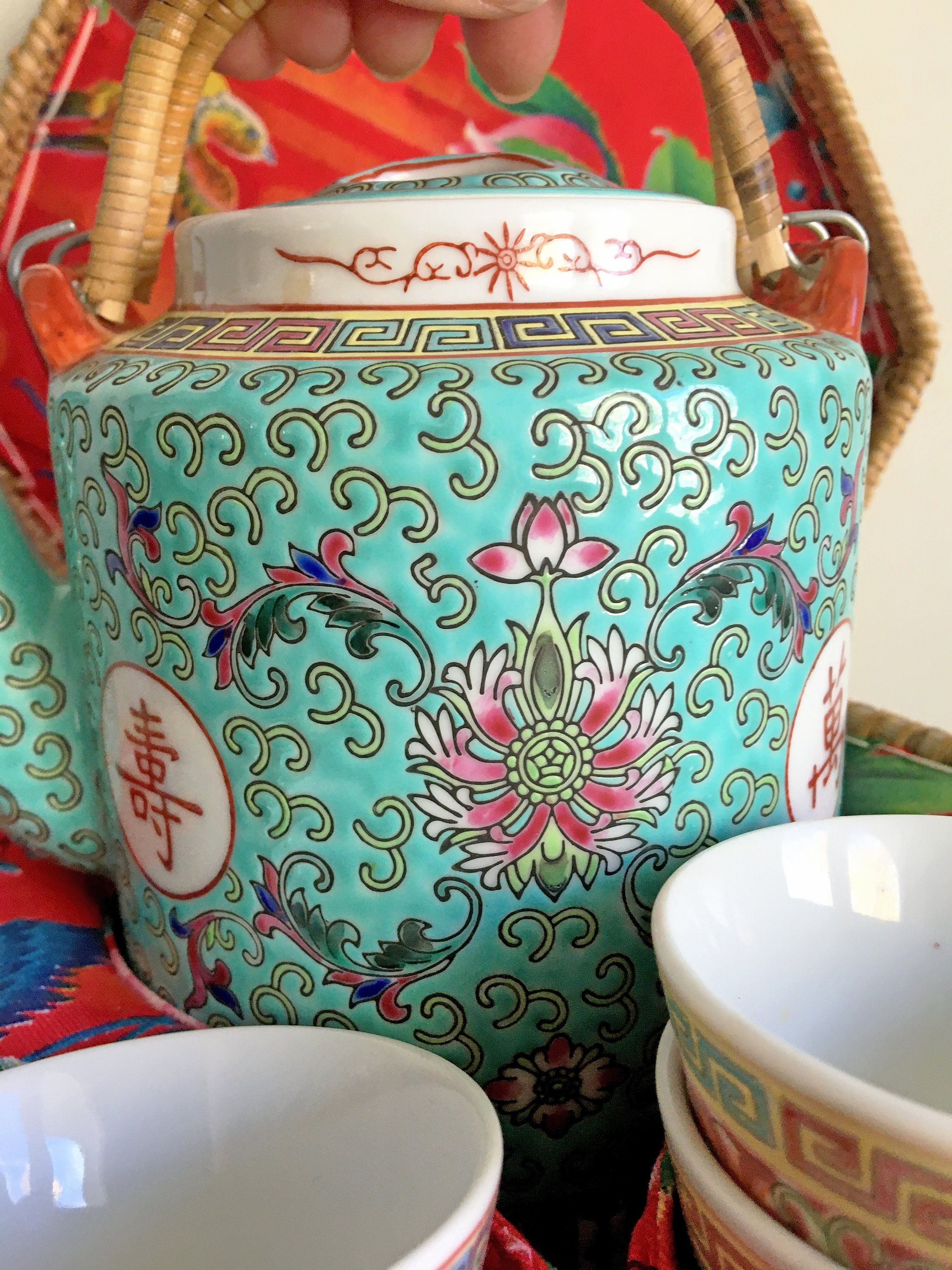 Chinese Teapot & Cups Wicker Tea Basket Travel Set/Vintage Etsy