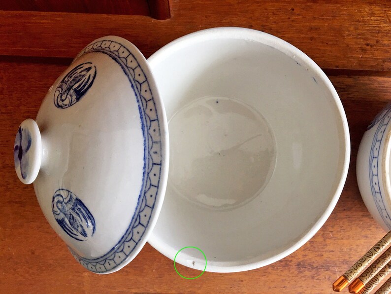 Vintage Chinese Crane Covered Rice BowlsBlue White Stoneware Nesting Soup BowlsTWO Chinoiserie Ceramic BowlsPeoples Republic of China