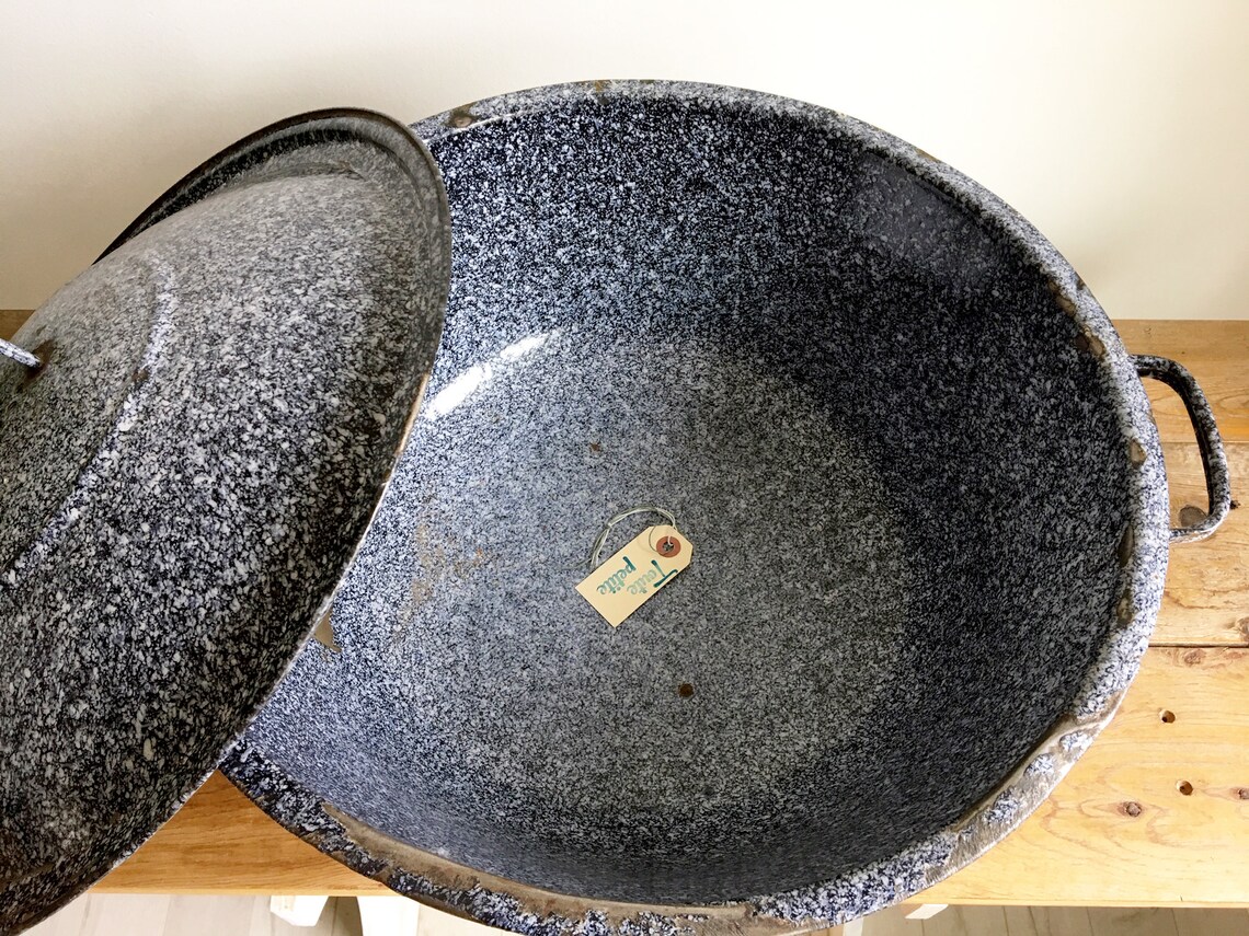Large Enamel Bread Dough Bowl with Lid/Antique Dough Rising Etsy