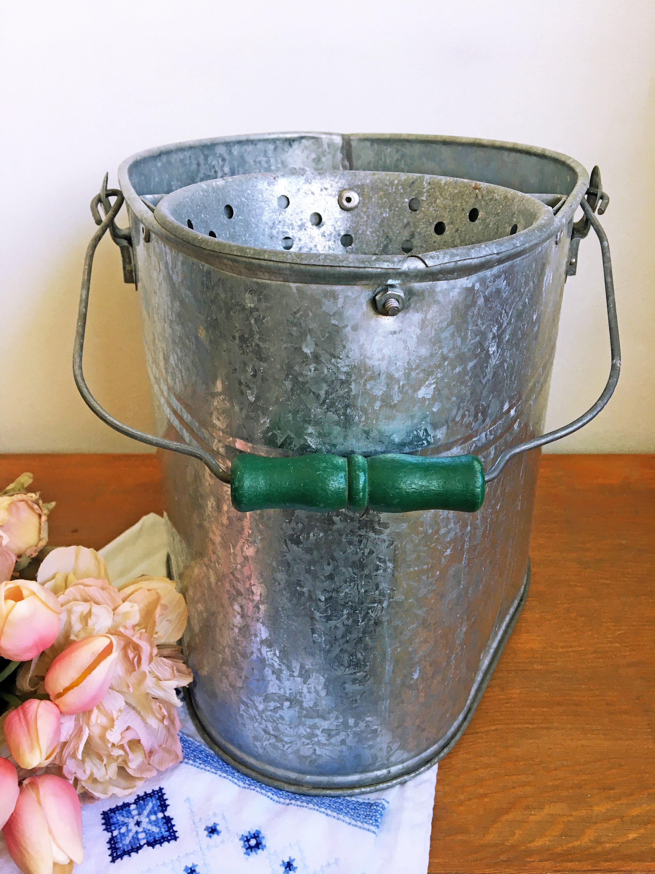 Vintage 40s Galvanized Mop Bucket/Green Wood Handle GW Metal Etsy