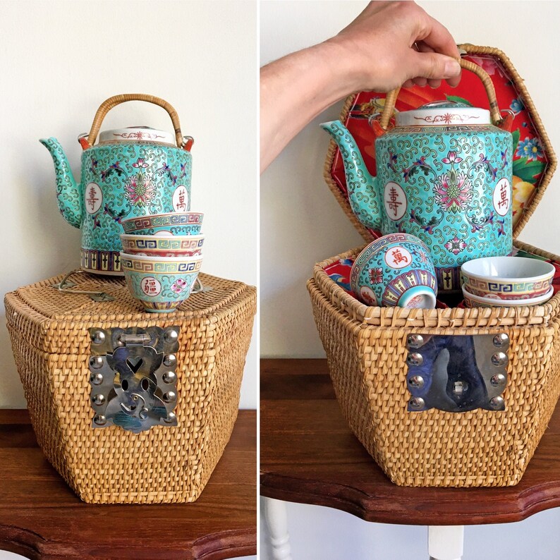 Chinese Teapot & Cups Wicker Tea Basket Travel Set/Vintage Etsy