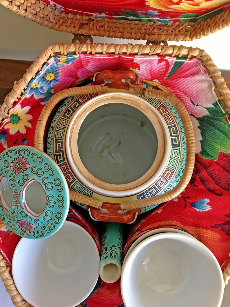 Chinese Teapot & Cups Wicker Tea Basket Travel Set/Vintage Etsy