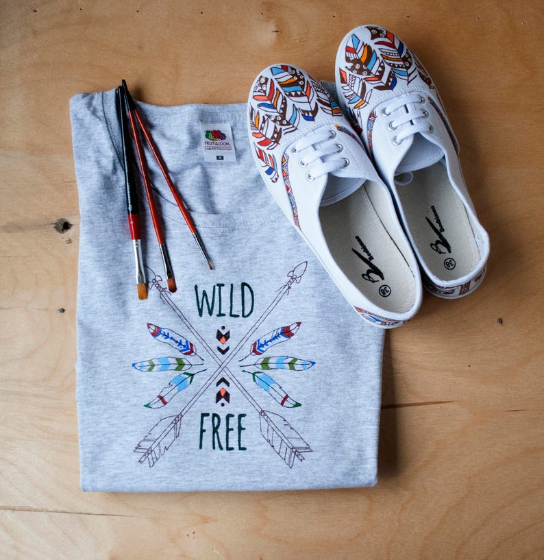Hand drawn set of 3 hand drawn sneakers shirt with feathers sweathirt wild best gift for girlfriend