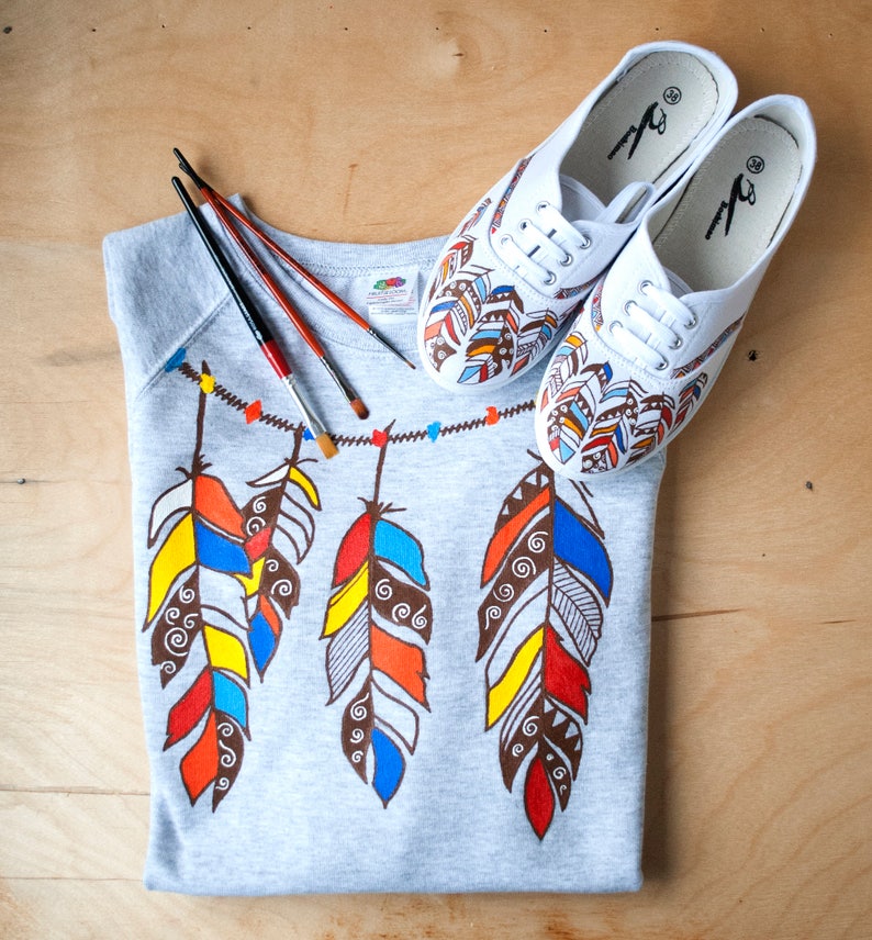 Hand drawn set of 3 hand drawn sneakers shirt with feathers sweathirt wild best gift for girlfriend