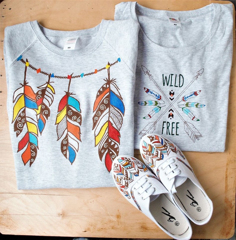 Hand drawn set of 3 hand drawn sneakers shirt with feathers sweathirt wild best gift for girlfriend