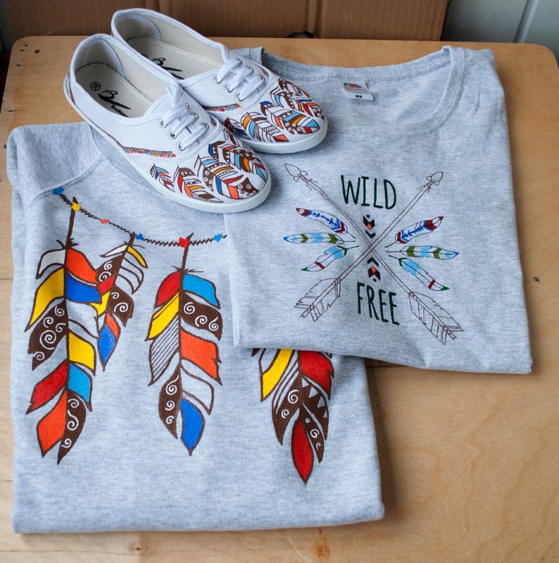 Hand drawn set of 3 hand drawn sneakers shirt with feathers sweathirt wild best gift for girlfriend