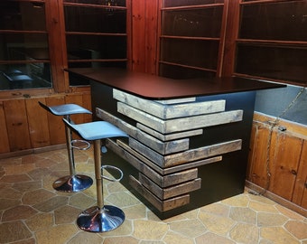 Rustic Reclaimed Wood Home Bar with LED Lights