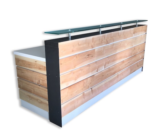 White Memphis Reception Desk With Glass Riser and Cedar Slats - Etsy