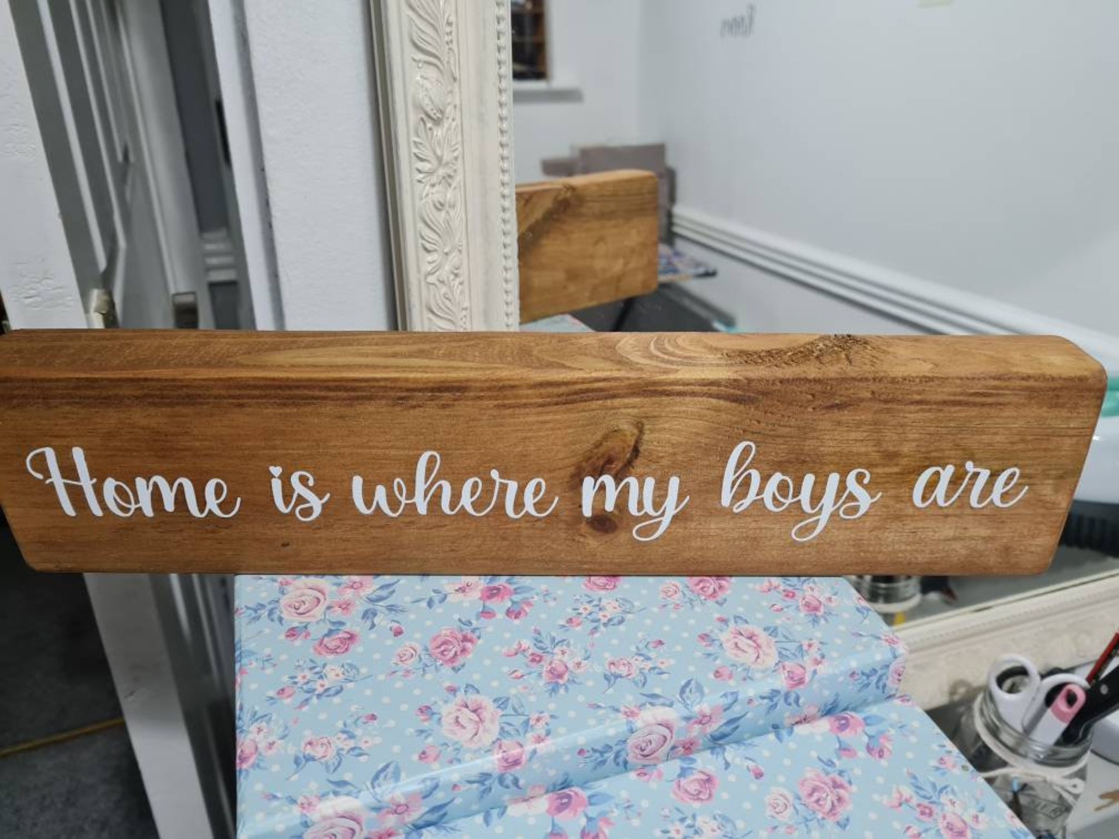 Personalised solid wood free standing sign plaque. Home is Etsy