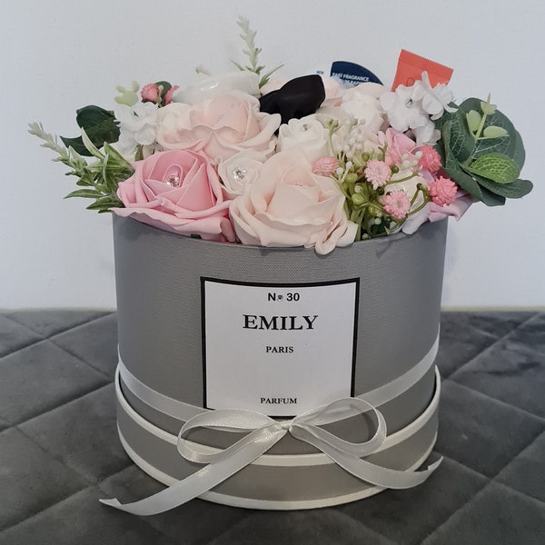 Personalised pamper hamper, personalised birthday gift, artificial flower gift set, flower box hamper, mothers day, hat box flowers