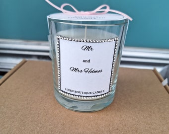 Personalised Linen scented Mr and Mrs candle, scented candle, personalised candle, wedding candle