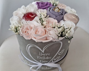 Birthday gift bouquet, scarf and brooch, yankee, mirror, birthday hamper, flowers in a box, celebration gift, hat box flowers, mothers day