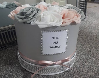 Personalised Foam Rose Hat Box, Diamante & Pearl Flowers