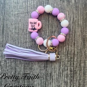 Pink & Purple Coffee Silicone Beaded Wristlet Keychain with Tassel