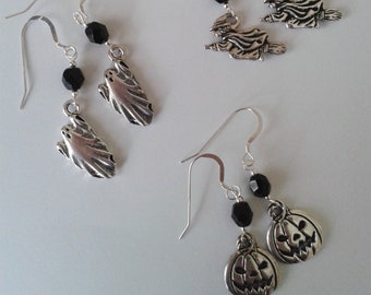 Spooky Charm Earrings- Bat, Witch, Cat, Ghost, Owl, Pumpkin, Sterling Silver plus TierraCast