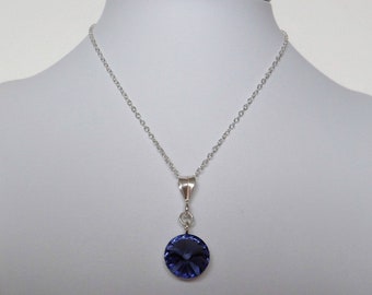Swarovski Round Crystal Rivoli Sterling Silver Pendant Necklace, Lots Of Colours To Choose From- 16 Inch or 18 Inch Chain