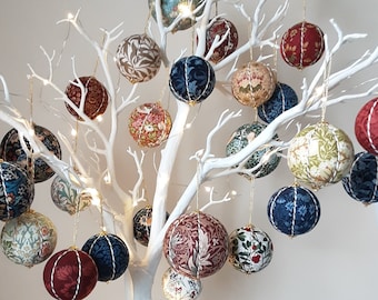 New Designs 2023! William & May Morris Christmas Baubles Strawberry Thief, Blue, Cream and Red, Vintage Fabrics