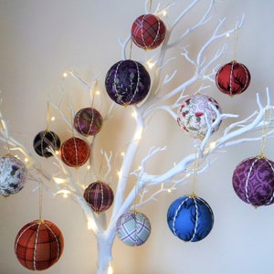 Scottish Theme Christmas Baubles, Quilted Look Fabric in Red, Purple, blue, orange with Gold Embellishments
